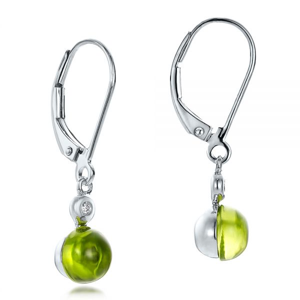 14k White Gold Peridot Cabochon And Diamond Earrings - Front View -  100448