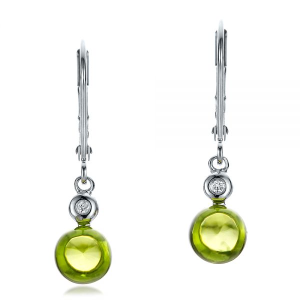 14k White Gold Peridot Cabochon And Diamond Earrings - Three-Quarter View -  100448