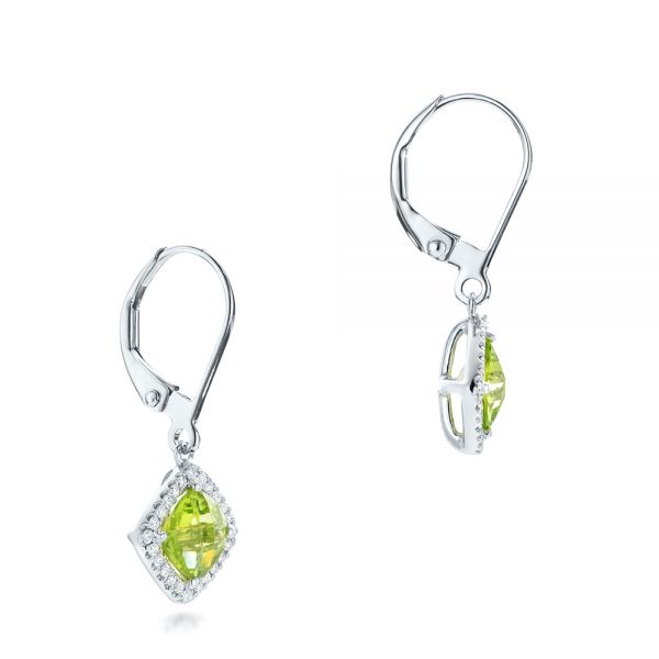 14k White Gold Peridot And Diamond Halo Earrings - Front View - 102642