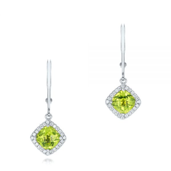 14k White Gold Peridot And Diamond Halo Earrings - Three-Quarter View -  102642