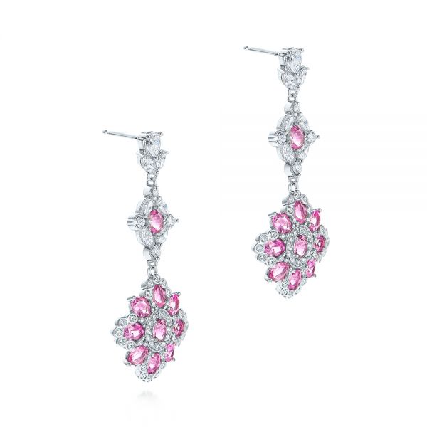 18k White Gold 18k White Gold Pink Sapphire And Diamond Dangle Earrings - Front View -  106123