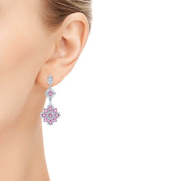  Platinum Platinum Pink Sapphire And Diamond Dangle Earrings - Hand View -  106123