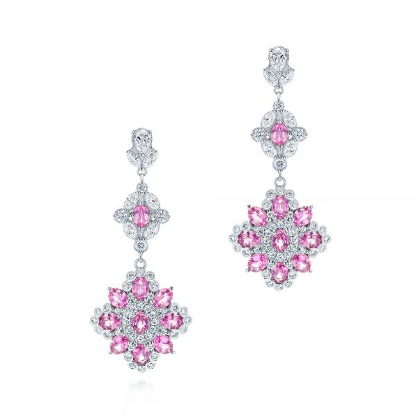 14k White Gold Pink Sapphire And Diamond Dangle Earrings - Three-Quarter View -  106123