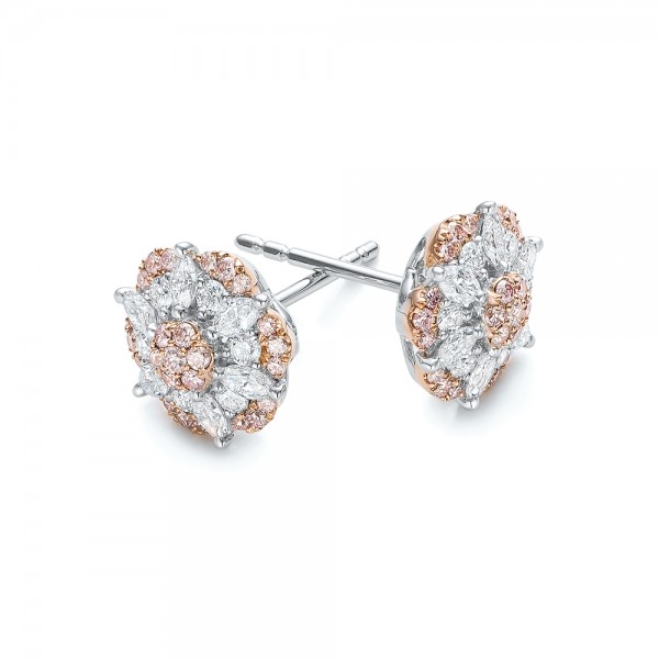 Pink and White Diamond Flower Stud Earrings - front perspective