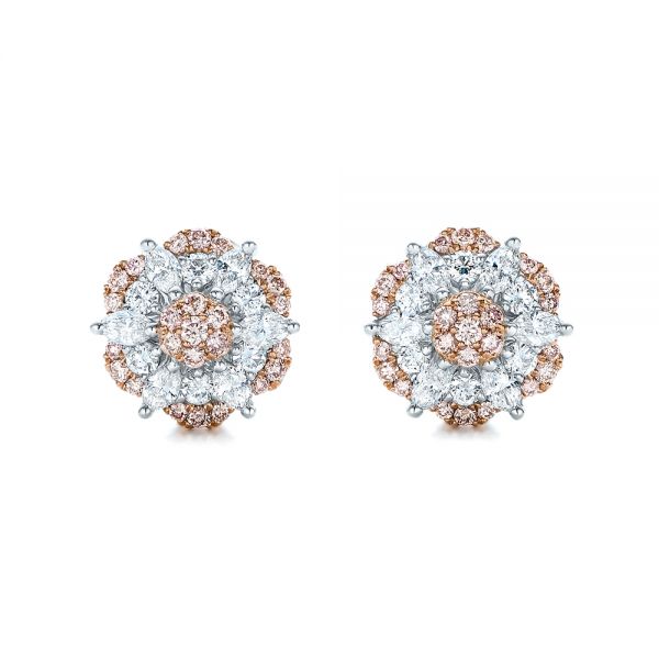 18k White Gold And 18K Gold Pink And White Diamond Flower Stud Earrings - Three-Quarter View -  101955