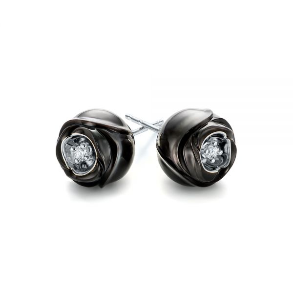 18k White Gold 18k White Gold Rose Carved Tahitian Pearl And Diamond Earrings - Front View -  103252