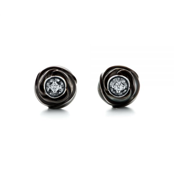 14k White Gold 14k White Gold Rose Carved Tahitian Pearl And Diamond Earrings - Three-Quarter View -  103252