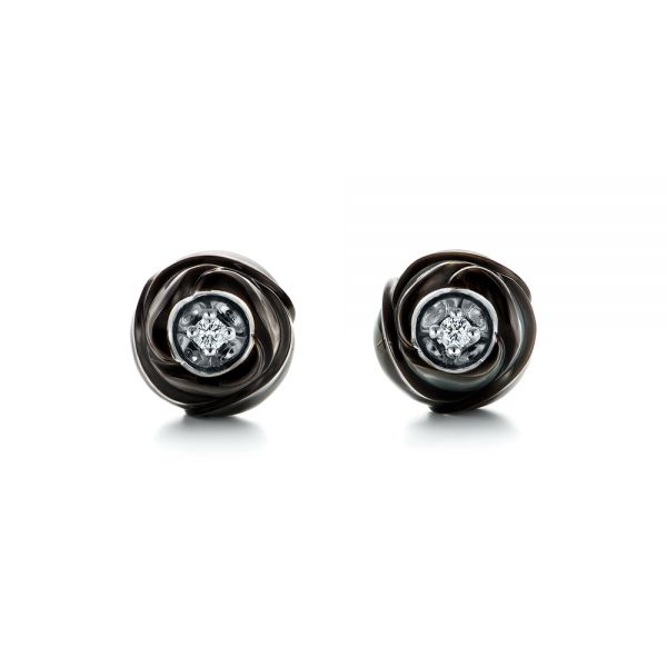  Platinum Platinum Rose Carved Tahitian Pearl And Diamond Earrings - Three-Quarter View -  103252