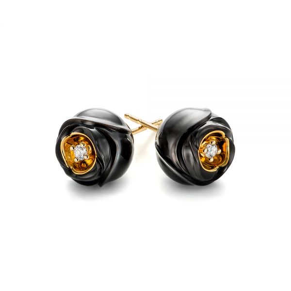 14k Yellow Gold Rose Carved Tahitian Pearl And Diamond Earrings - Front View -  103252