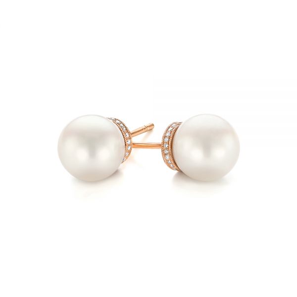 14k Rose Gold Pearl And Diamond Stud Earrings - Front View -  103605