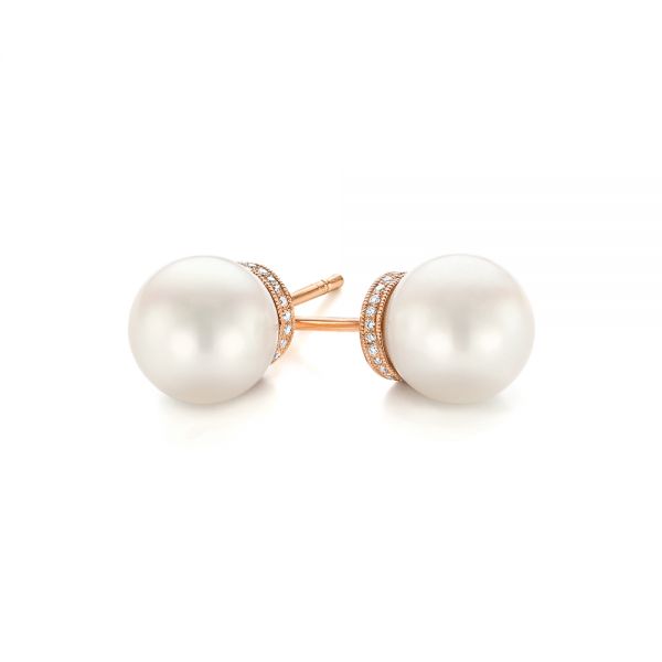 14k Rose Gold Pearl And Diamond Stud Earrings - Front View - 103605
