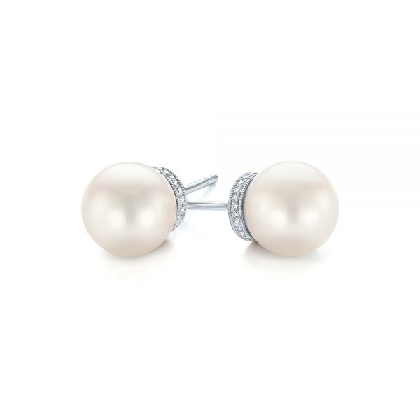 14k White Gold 14k White Gold Pearl And Diamond Stud Earrings - Front View -  103605