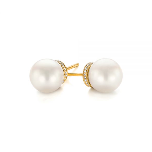18k Yellow Gold 18k Yellow Gold Pearl And Diamond Stud Earrings - Front View -  103605