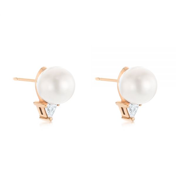 14k Rose Gold 14k Rose Gold Round Pearl And Triangle Diamond Stud Earrings - Front View - 101490