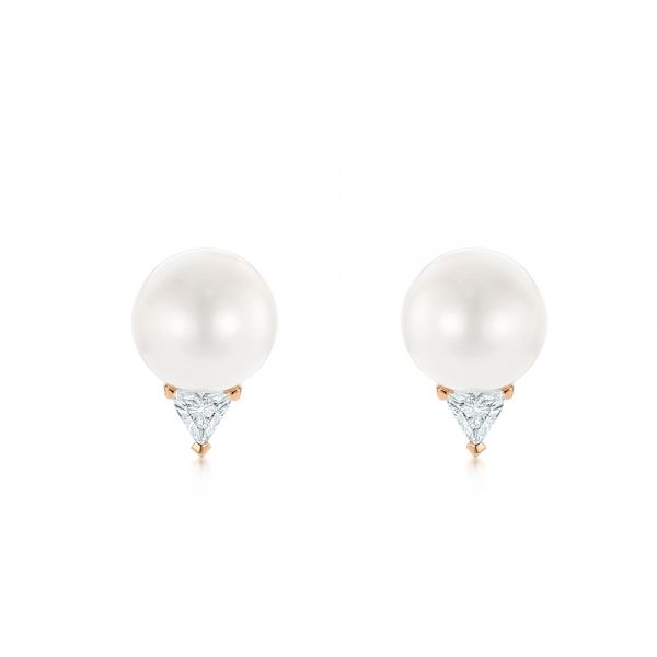 14k Rose Gold 14k Rose Gold Round Pearl And Triangle Diamond Stud Earrings - Three-Quarter View - 101490