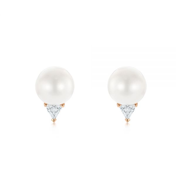 14k Rose Gold 14k Rose Gold Round Pearl And Triangle Diamond Stud Earrings - Three-Quarter View -  101490