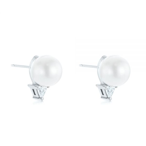 18k White Gold 18k White Gold Round Pearl And Triangle Diamond Stud Earrings - Front View -  101490