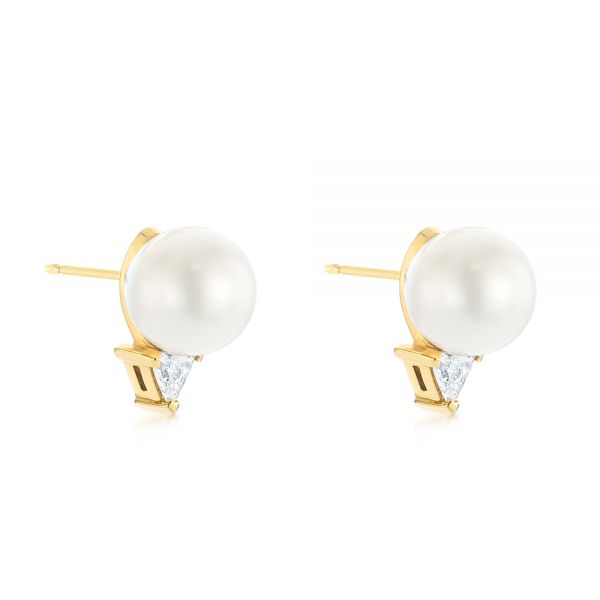 18k Yellow Gold Round Pearl And Triangle Diamond Stud Earrings - Front View -  101490
