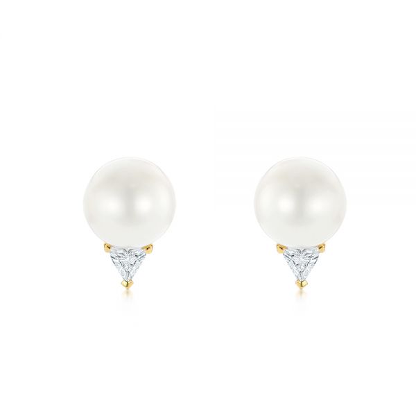 18k Yellow Gold Round Pearl And Triangle Diamond Stud Earrings - Three-Quarter View -  101490