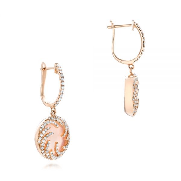 14k Rose Gold Round Rose Quartz And Pink Mother Of Pearl Luna Earrings - Front View -  102491