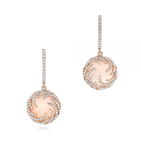 14k Rose Gold Round Rose Quartz And Pink Mother Of Pearl Luna Earrings - Three-Quarter View -  102491