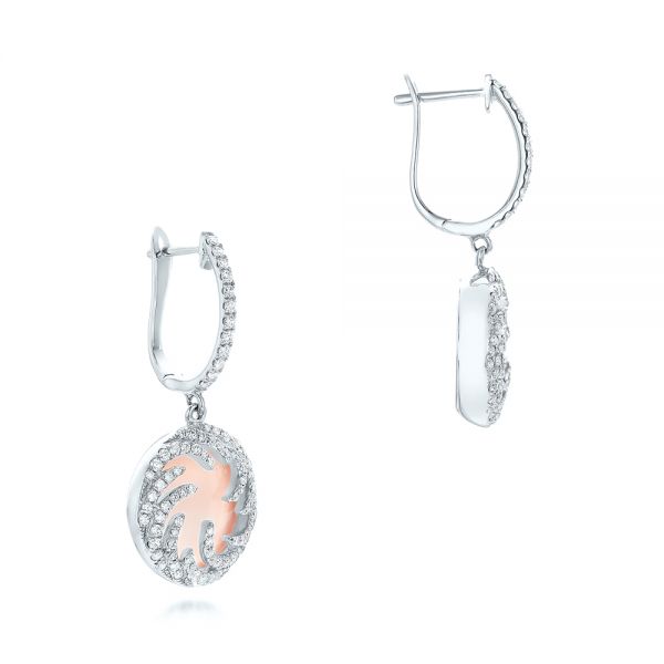 14k White Gold 14k White Gold Round Rose Quartz And Pink Mother Of Pearl Luna Earrings - Front View -  102491