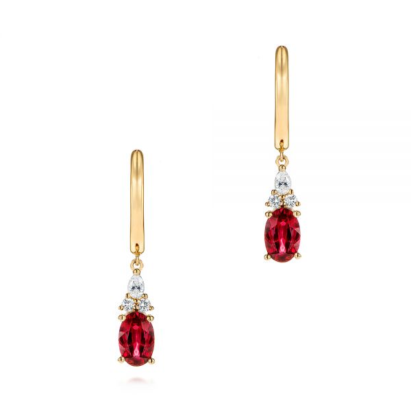 14k Yellow Gold Ruby And Diamond Earrings - Three-Quarter View -  106059