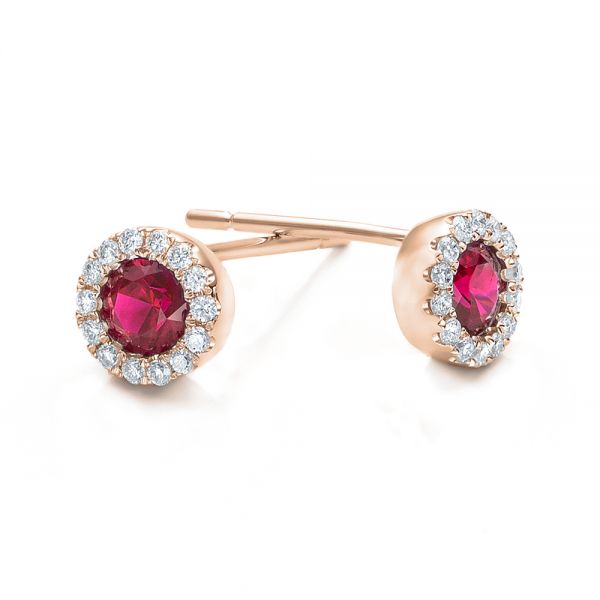 18k Rose Gold 18k Rose Gold Ruby And Diamond Halo Earrings - Front View -  100974