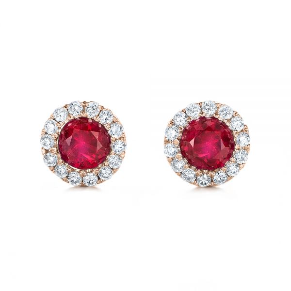 14k Rose Gold 14k Rose Gold Ruby And Diamond Halo Earrings - Three-Quarter View -  100974