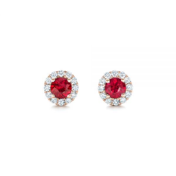 14k Rose Gold 14k Rose Gold Ruby And Diamond Halo Earrings - Three-Quarter View -  102620