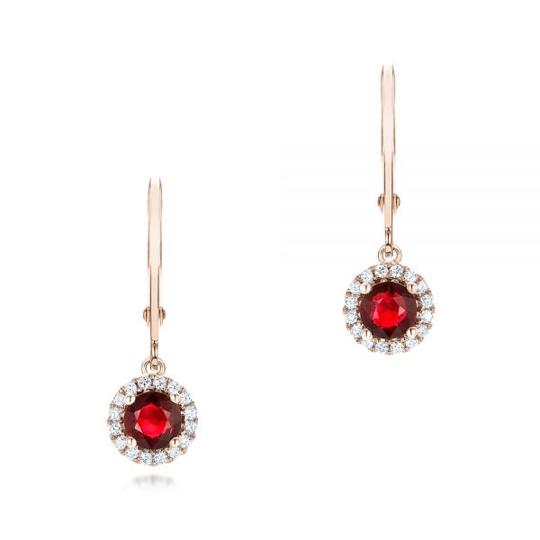 18k Rose Gold 18k Rose Gold Ruby And Diamond Halo Earrings - Three-Quarter View -  102625