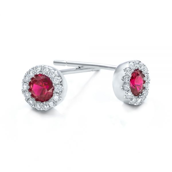 14k White Gold Ruby And Diamond Halo Earrings - Front View -  100974