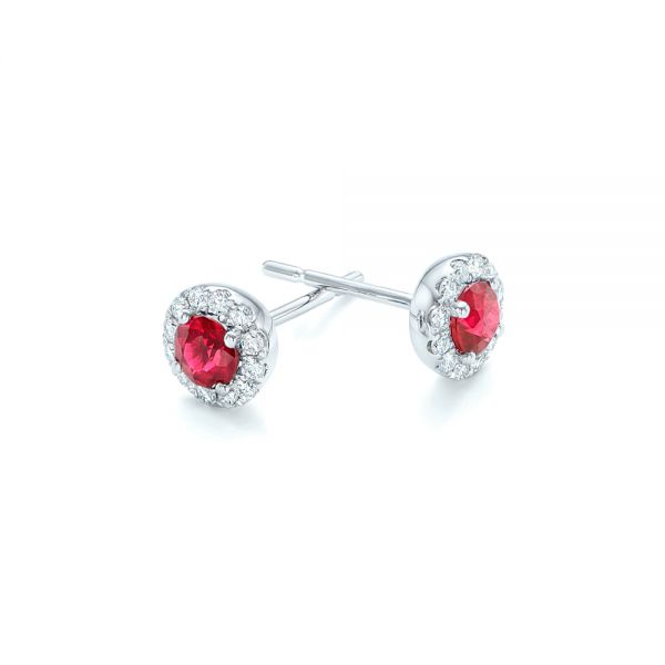 14k White Gold Ruby And Diamond Halo Earrings - Front View -  102620