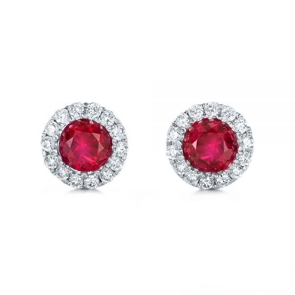 14k White Gold Ruby And Diamond Halo Earrings - Three-Quarter View -  100974