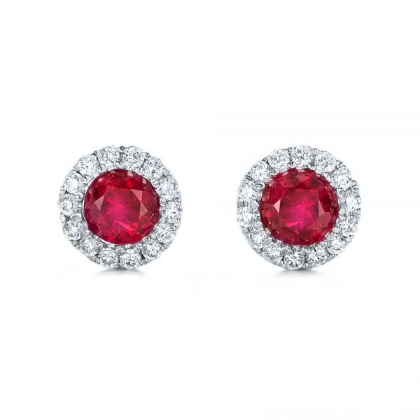  Platinum Platinum Ruby And Diamond Halo Earrings - Three-Quarter View -  100974