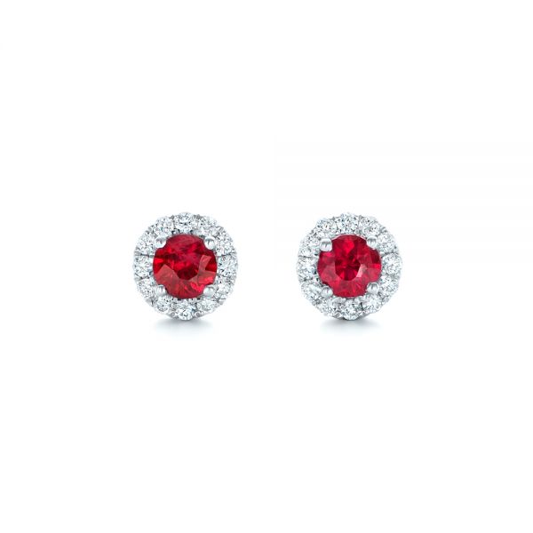 18k White Gold 18k White Gold Ruby And Diamond Halo Earrings - Three-Quarter View -  102620