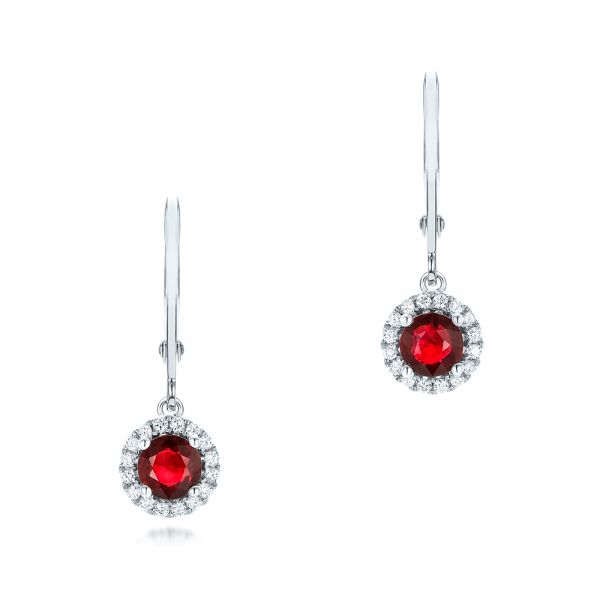 14k White Gold Ruby And Diamond Halo Earrings - Three-Quarter View -  102625