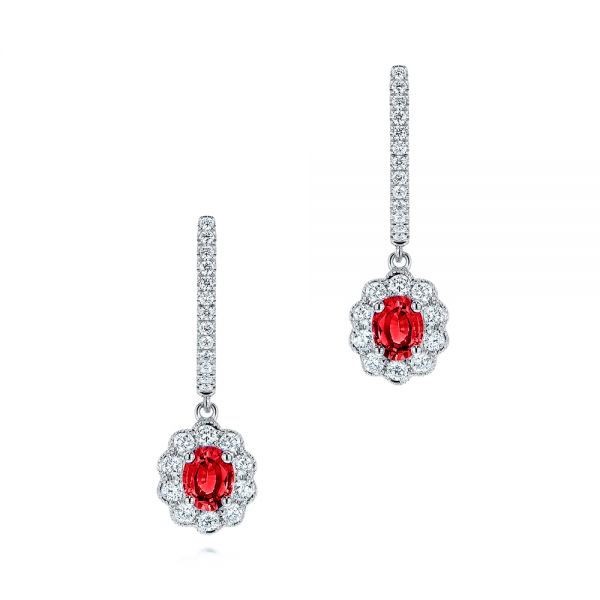  Platinum Platinum Ruby And Diamond Halo Earrings - Three-Quarter View -  106453