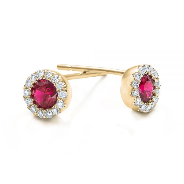18k Yellow Gold 18k Yellow Gold Ruby And Diamond Halo Earrings - Front View -  100974
