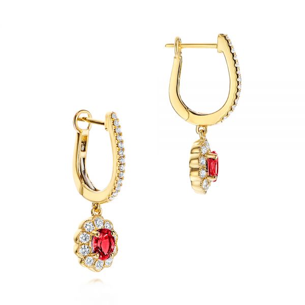  14K Gold Ruby And Diamond Halo Earrings - Front View -  106453