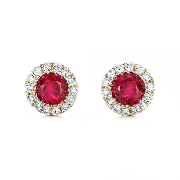 18k Yellow Gold 18k Yellow Gold Ruby And Diamond Halo Earrings - Three-Quarter View -  100974