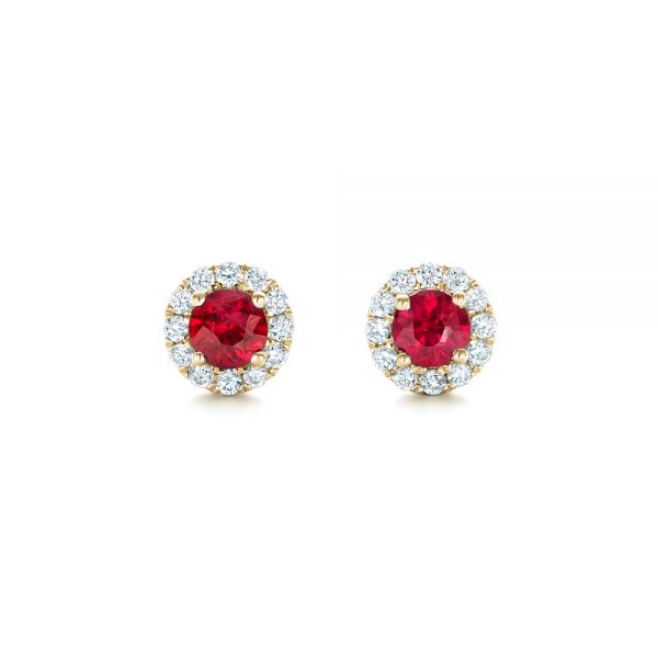 18k Yellow Gold 18k Yellow Gold Ruby And Diamond Halo Earrings - Three-Quarter View -  102620