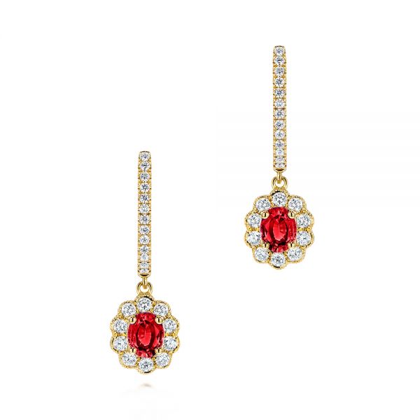 14K Gold Ruby And Diamond Halo Earrings - Three-Quarter View -  106453