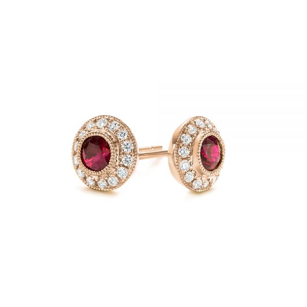 18k Rose Gold 18k Rose Gold Ruby And Diamond Halo Stud Earrings - Front View - 103730