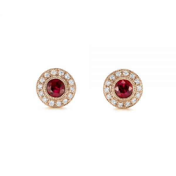 14k Rose Gold 14k Rose Gold Ruby And Diamond Halo Stud Earrings - Three-Quarter View -  103730
