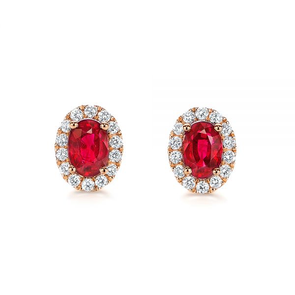 14k Rose Gold 14k Rose Gold Ruby And Diamond Halo Stud Earrings - Three-Quarter View -  106443