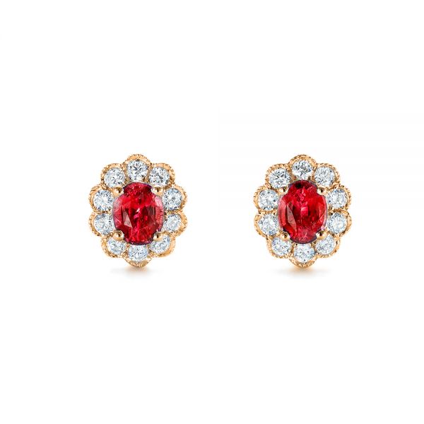 18k Rose Gold 18k Rose Gold Ruby And Diamond Halo Stud Earrings - Three-Quarter View -  106454