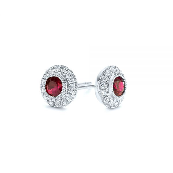 14k White Gold 14k White Gold Ruby And Diamond Halo Stud Earrings - Front View -  103730