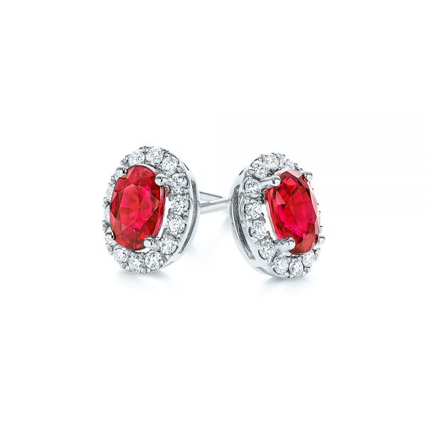 18k White Gold 18k White Gold Ruby And Diamond Halo Stud Earrings - Front View -  106443