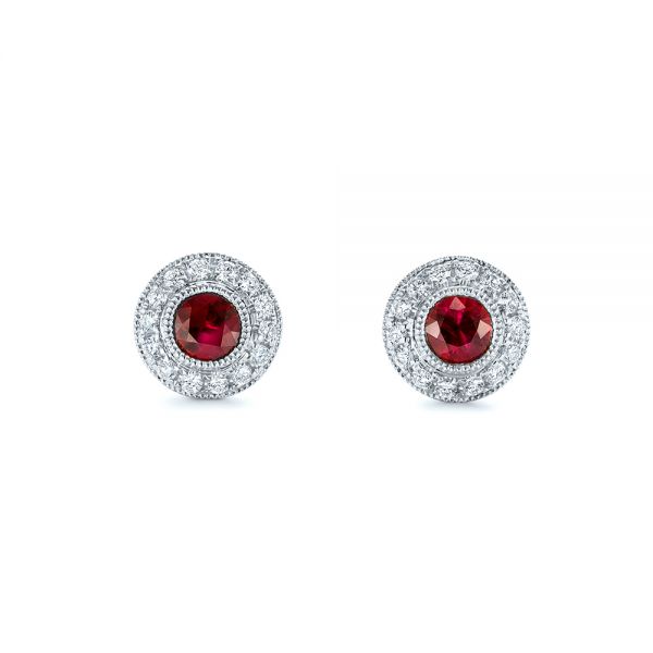  Platinum Platinum Ruby And Diamond Halo Stud Earrings - Three-Quarter View -  103730